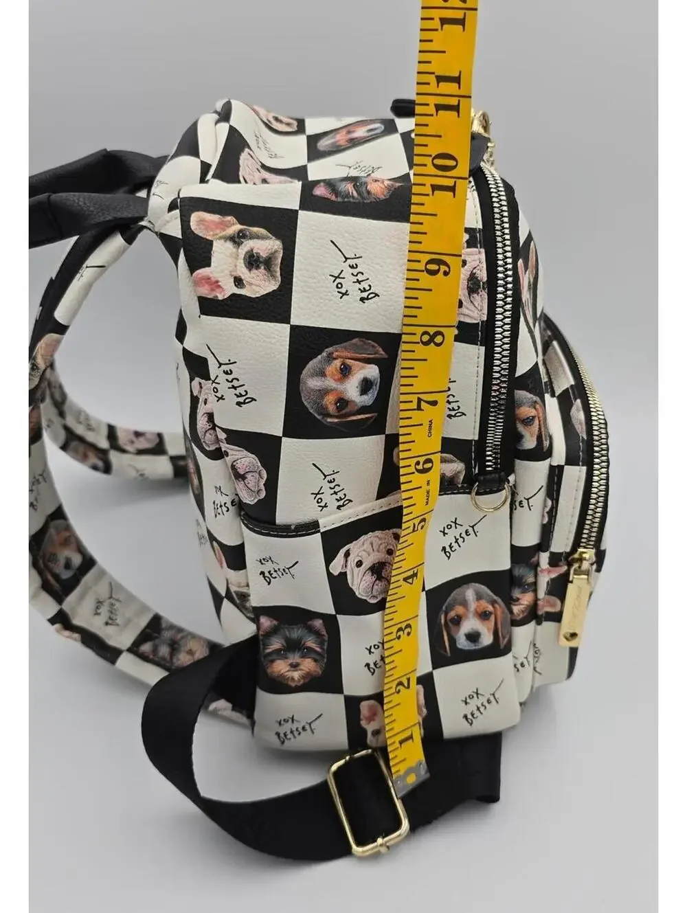 Betsey Johnson Dog Mini Backpack Black White Puppy Print Pom Charm Bag